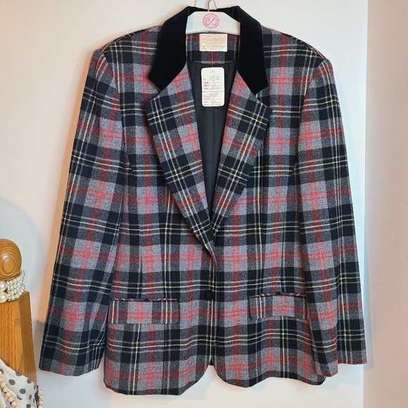 VTG Pendleton Plaid Wool & Velvet Blazer Jacket Women's Size 14 - Picture 5 of 7
